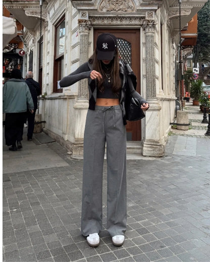 Bel Lastikli Bağcıklı Palazo Pantolon