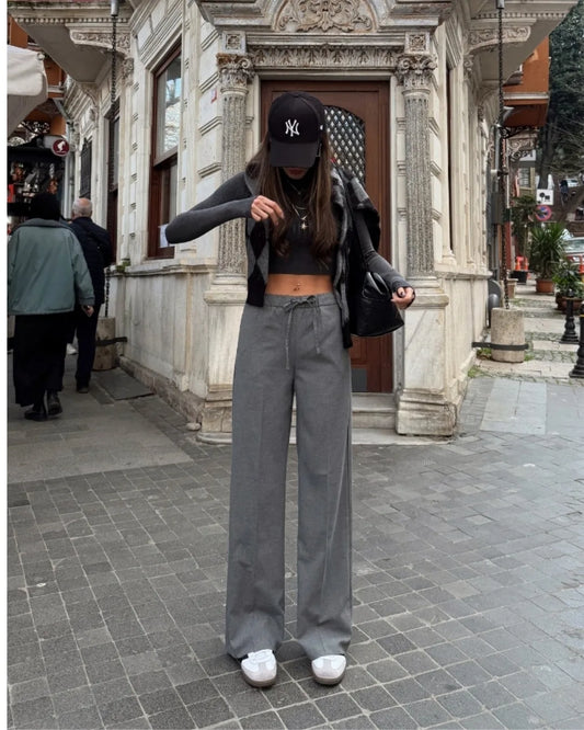 Bel Lastikli Bağcıklı Palazo Pantolon