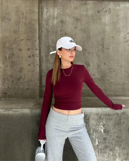 0 Yaka Basic Likralı Ribana Crop Uzun Kol