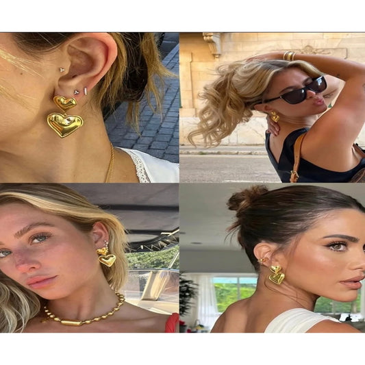 Kadın Gold Çift Sallantılı Kalp Küpe