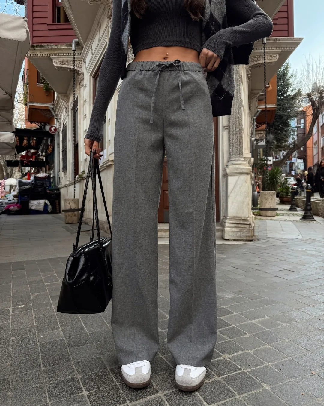 Bel Lastikli Bağcıklı Palazo Pantolon