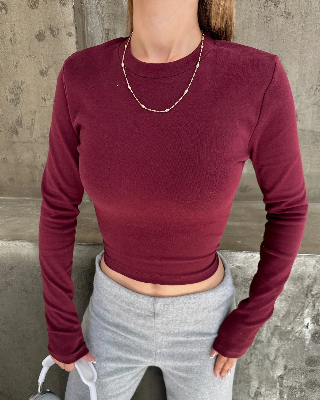 0 Yaka Basic Likralı Ribana Crop Uzun Kol