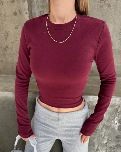 0 Yaka Basic Likralı Ribana Crop Uzun Kol