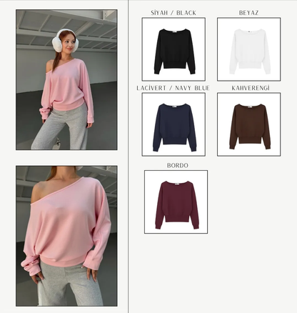 Soft Touch Kayık Yaka Yarasa Kol Sweatshirt