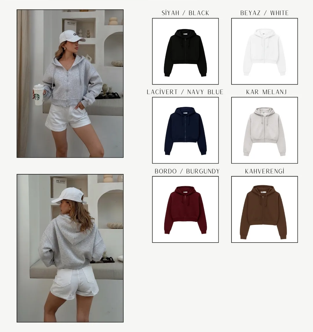 Kısa Fermuarlı Kapüşonlu Sweatshirt