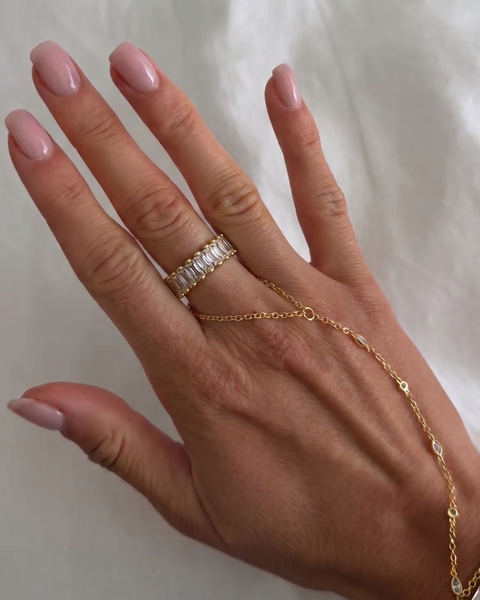 İrva Collection Tam Tur Baget yüzük with sleek silver band and baguette-cut gemstone design, close-up view.