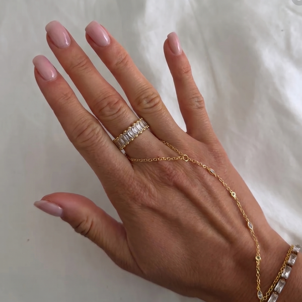 İrva Collection Tam Tur Baget yüzük with sleek silver band and baguette-cut gemstone design, close-up view.