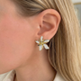 İrva Collection Beyaz Mineli Çiçek Küpe with delicate floral design and gold-tone finish, close-up view of earrings on white background.