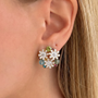 İrva Collection Papatya Küpe Mineli, gold-toned floral earrings with colorful enamel details, displayed close-up image.
