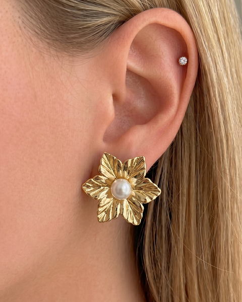 İrva Collection Flint Küpe, gold-tone hoop earrings with textured design, displayed on a white background.