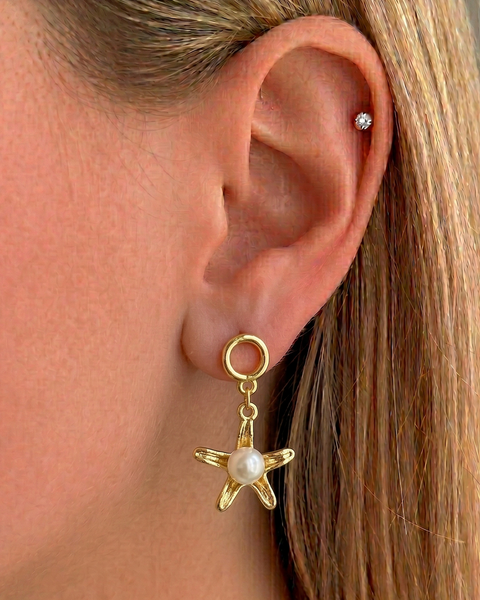 İrva Collection Aster Küpe with intricate floral design, gold-tone finish, and elegant dangle style for sophisticated jewelry look.