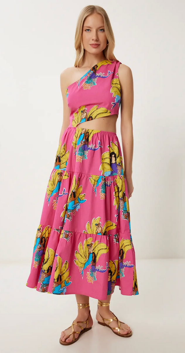 Kadın Pembe Sarı Tek Omuz Desenli Midi Poplin Elbise