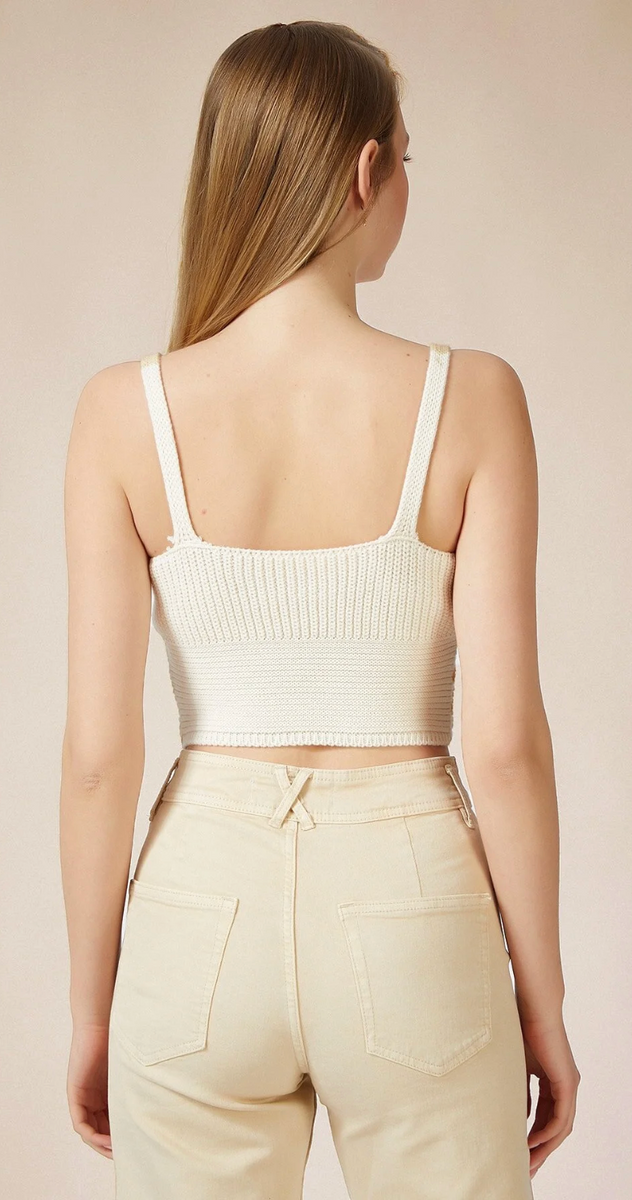 Kadın Krem Zikzak İpli Triko Crop Bluz