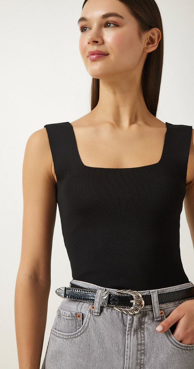 Kadın Kare Yaka Triko Crop Bluz