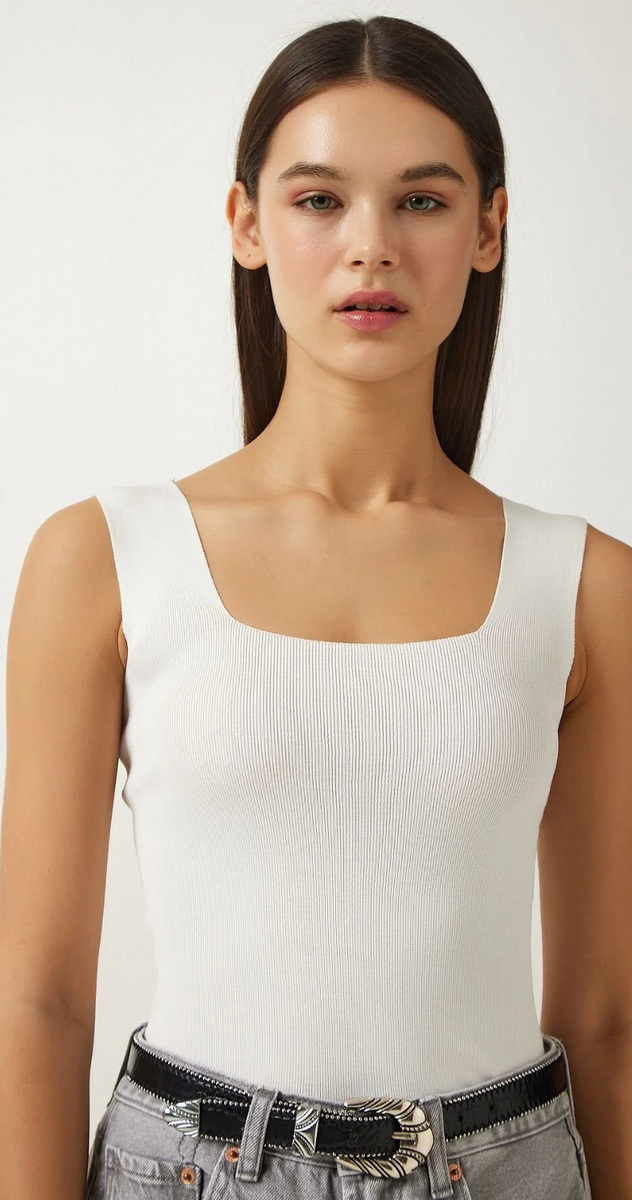 Kadın Kare Yaka Triko Crop Bluz
