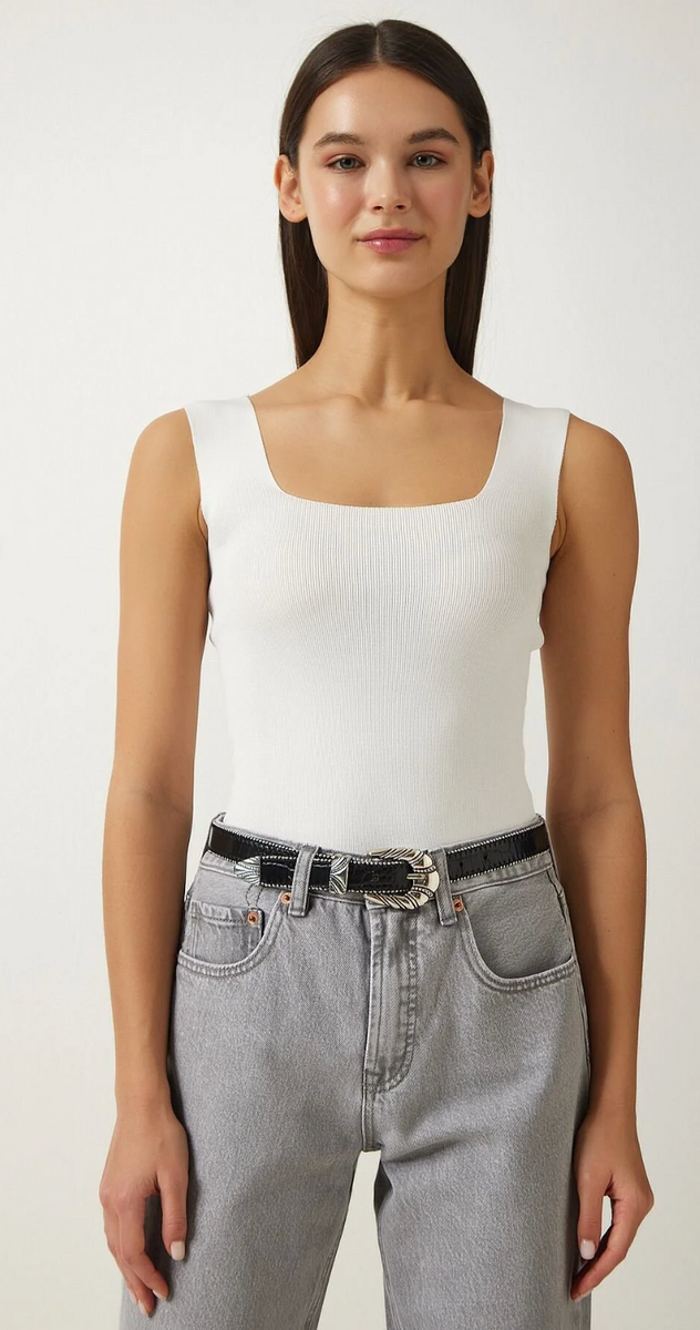 Kadın Kare Yaka Triko Crop Bluz