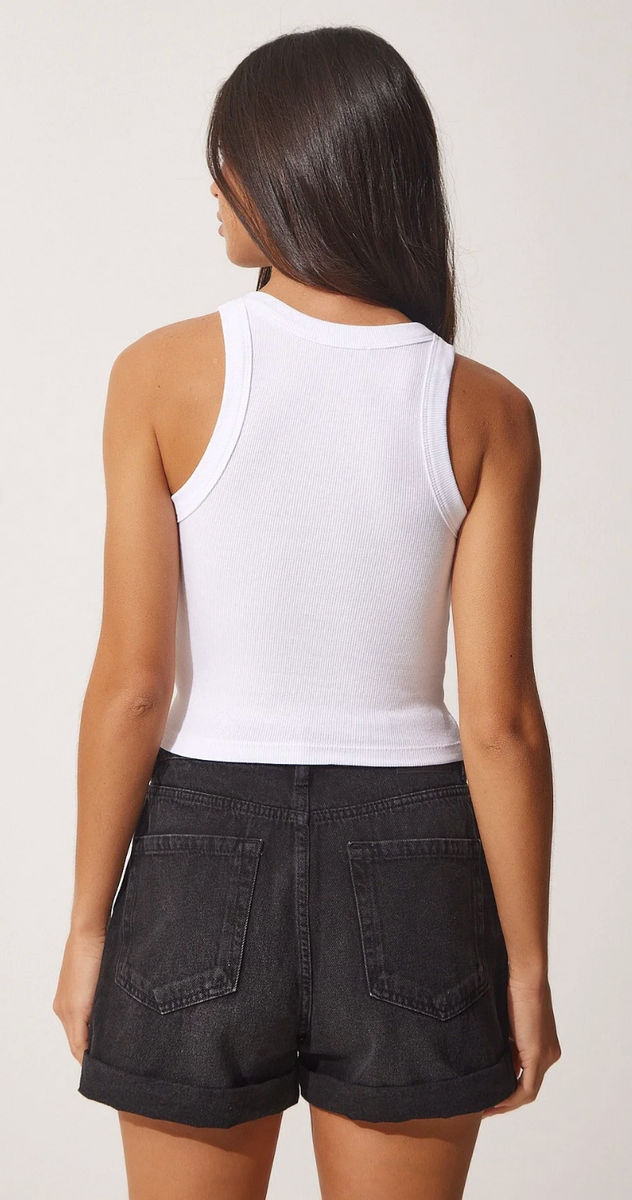 Kadın Beyaz Halter Yaka Nakışlı Fitilli Crop Örme Bluz