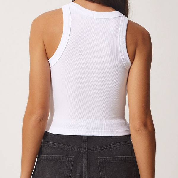 Kadın Beyaz Halter Yaka Nakışlı Fitilli Crop Örme Bluz