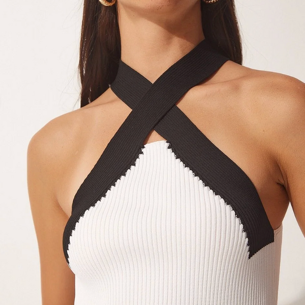 Kadın Siyah Beyaz Halter Yaka 2'Li Paket Crop Triko Bluz