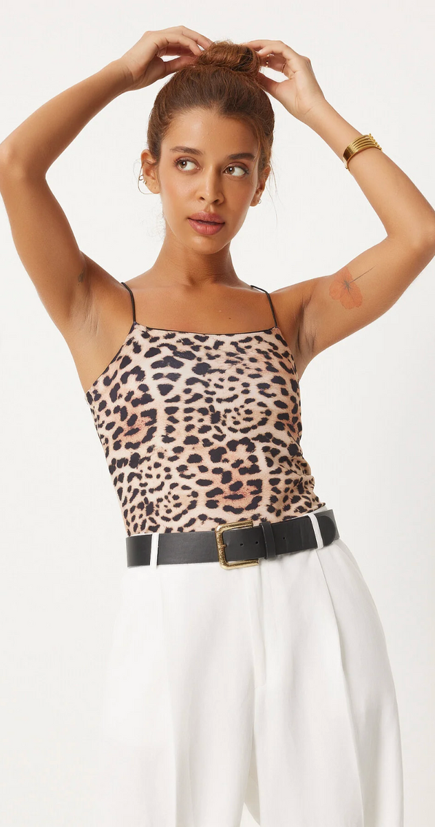 Kadın Siyah Bej Leopar Desenli İp Askılı Crop Örme Bluz