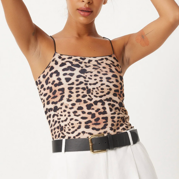 Kadın Siyah Bej Leopar Desenli İp Askılı Crop Örme Bluz