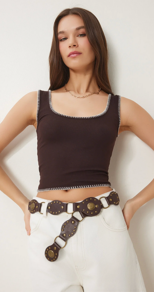 Kadın Kontrast Şeritli Crop Örme Bluz