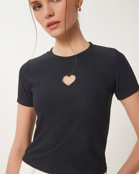 Kadın Kalp Nakışlı Fitilli Örme T-Shirt