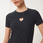 Kadın Kalp Nakışlı Fitilli Örme T-Shirt