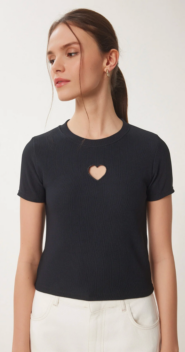 Kadın Kalp Nakışlı Fitilli Örme T-Shirt