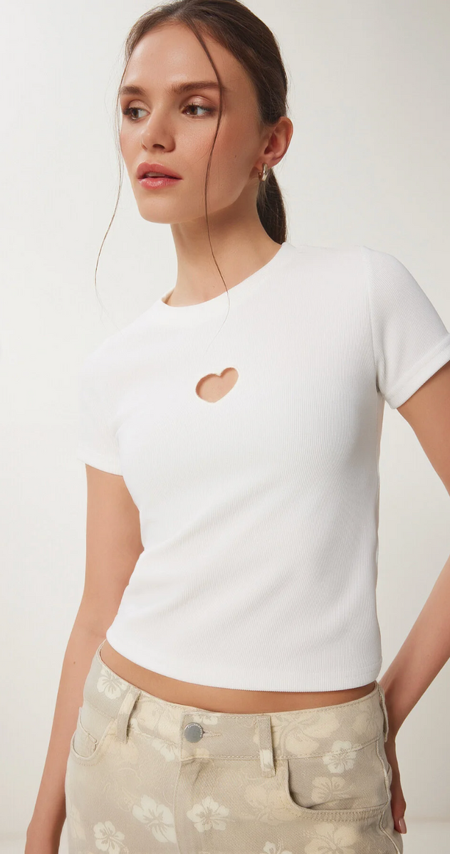 Kadın Kalp Nakışlı Fitilli Örme T-Shirt