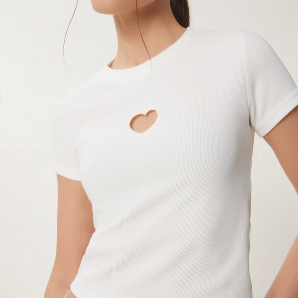 Kadın Kalp Nakışlı Fitilli Örme T-Shirt