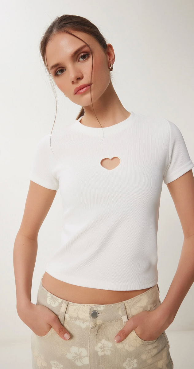 Kadın Kalp Nakışlı Fitilli Örme T-Shirt