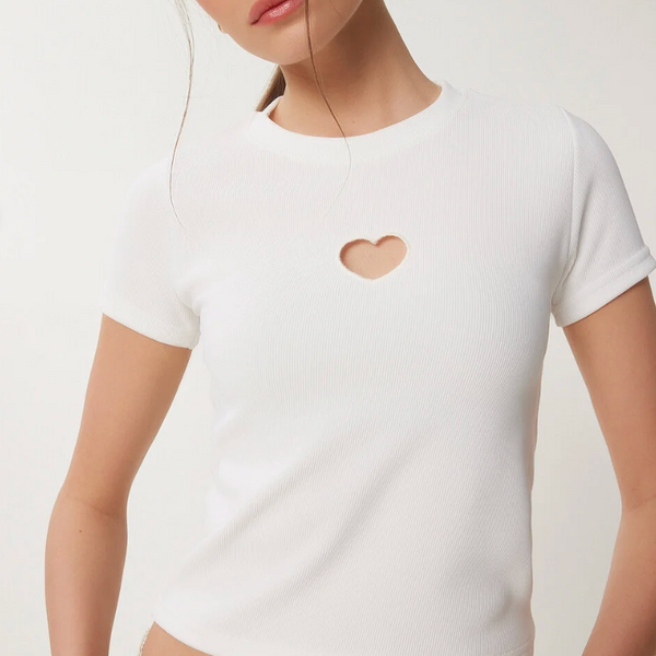 Kadın Kalp Nakışlı Fitilli Örme T-Shirt