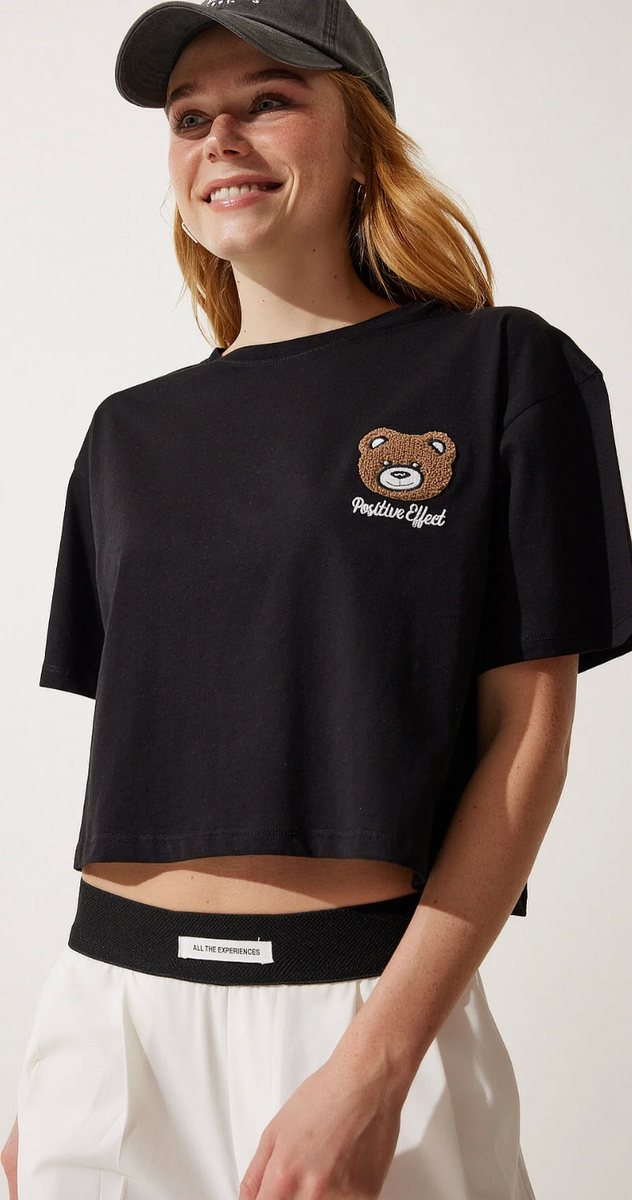 Kadın Siyah Ayıcık Armalı Crop Örme T-Shirt