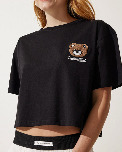 Kadın Siyah Ayıcık Armalı Crop Örme T-Shirt