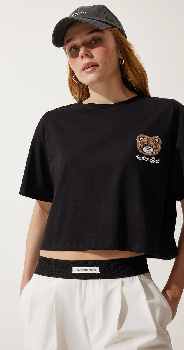 Kadın Siyah Ayıcık Armalı Crop Örme T-Shirt
