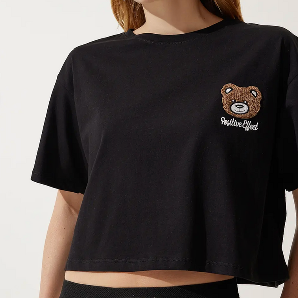 Kadın Siyah Ayıcık Armalı Crop Örme T-Shirt