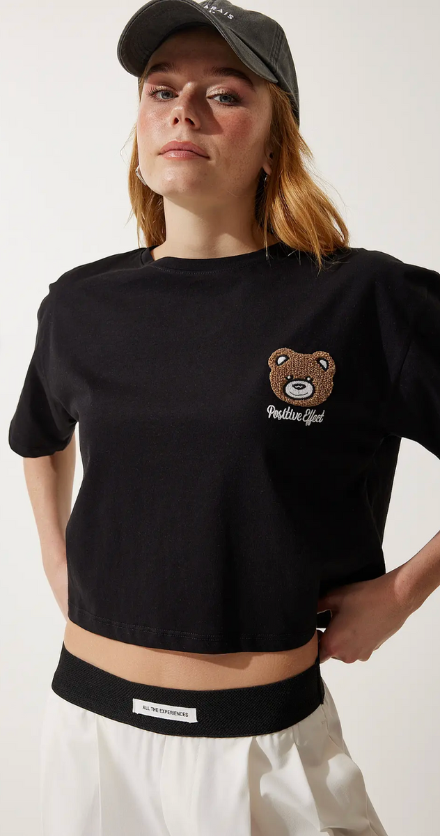 Kadın Siyah Ayıcık Armalı Crop Örme T-Shirt