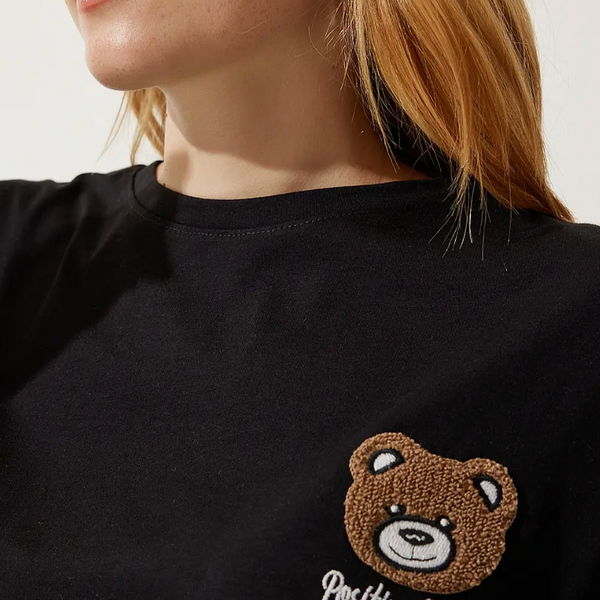 Kadın Siyah Ayıcık Armalı Crop Örme T-Shirt