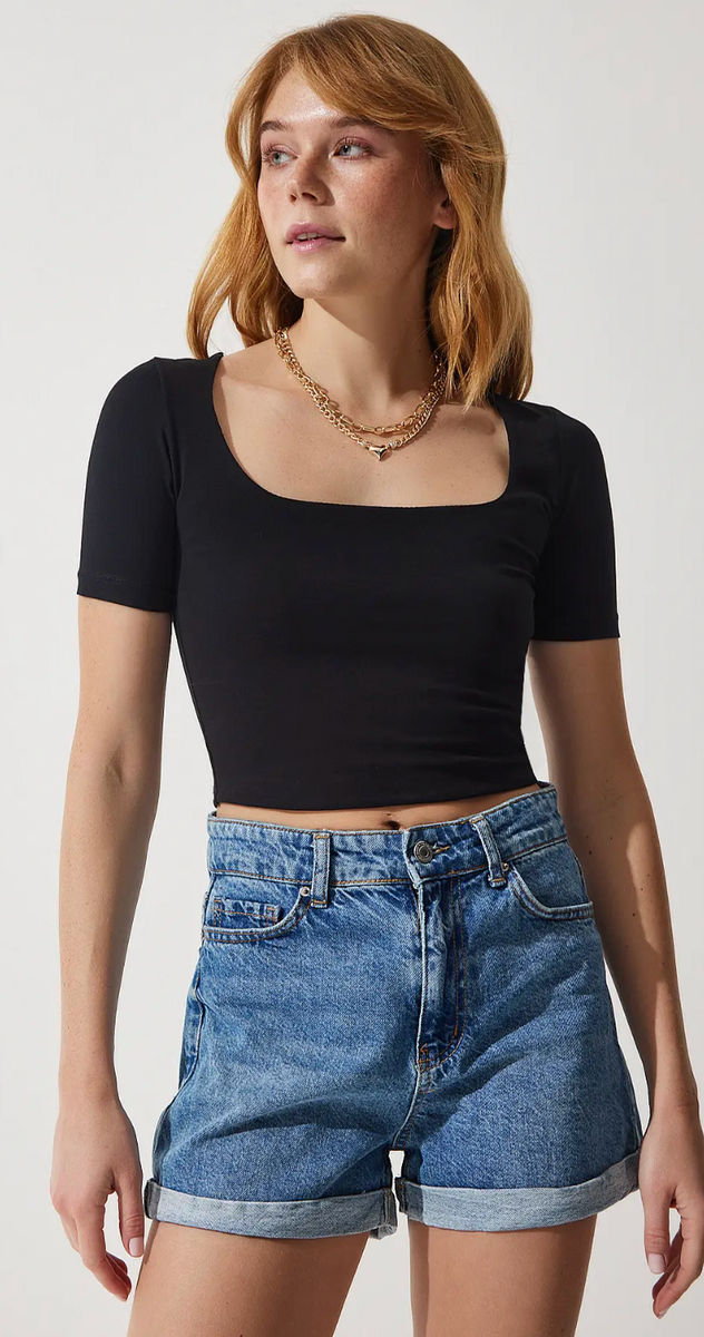 Kadın Kare Yaka Crop Örme T-Shirt