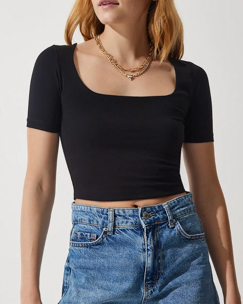 Kadın Kare Yaka Crop Örme T-Shirt