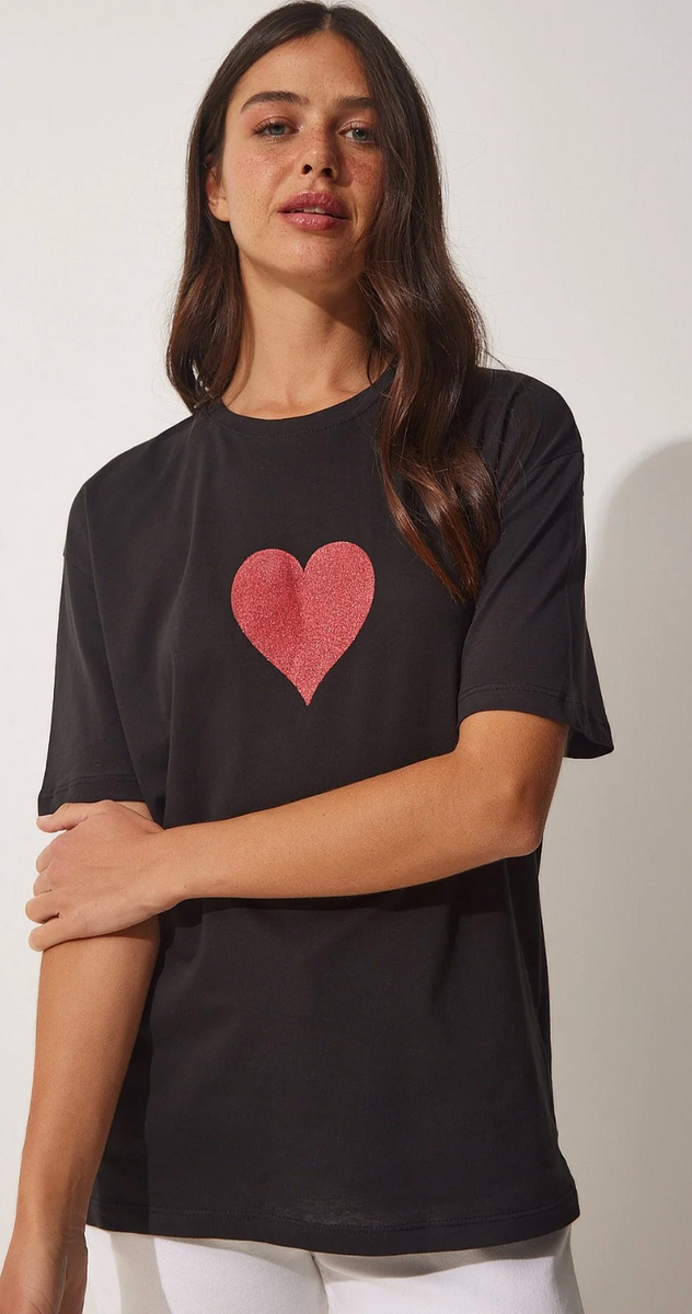 Kadın Siyah Işıltılı Kalp Baskılı Oversize Örme T-Shirt