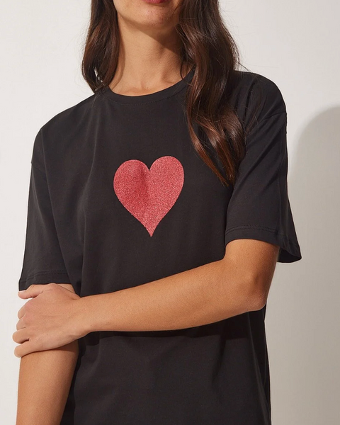 Kadın Siyah Işıltılı Kalp Baskılı Oversize Örme T-Shirt