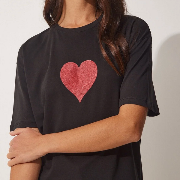 Kadın Siyah Işıltılı Kalp Baskılı Oversize Örme T-Shirt