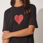 Kadın Siyah Işıltılı Kalp Baskılı Oversize Örme T-Shirt