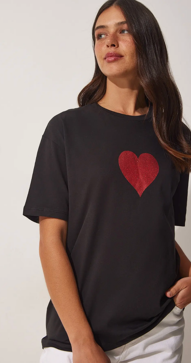 Kadın Siyah Işıltılı Kalp Baskılı Oversize Örme T-Shirt