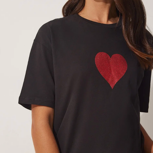 Kadın Siyah Işıltılı Kalp Baskılı Oversize Örme T-Shirt