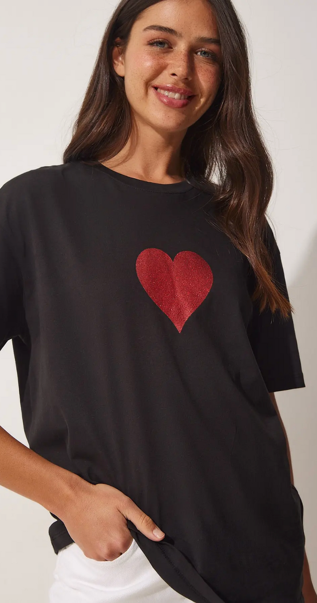 Kadın Siyah Işıltılı Kalp Baskılı Oversize Örme T-Shirt