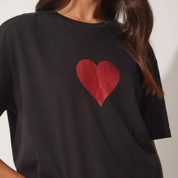 Kadın Siyah Işıltılı Kalp Baskılı Oversize Örme T-Shirt
