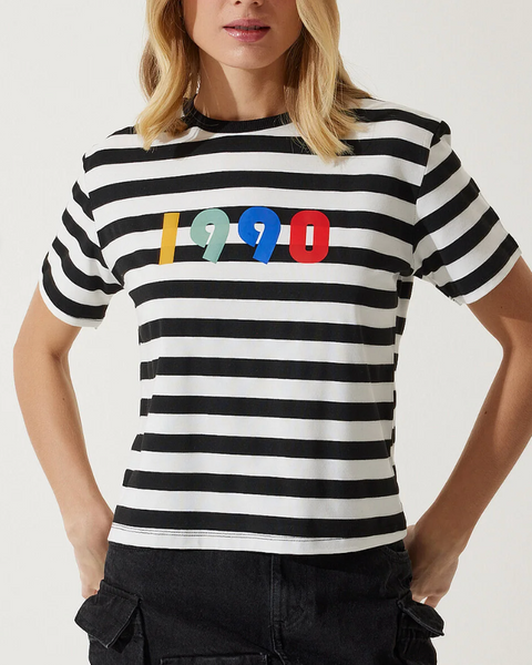 Kadın Siyah Beyaz Baskılı Çizgili Örme  T-Shirt